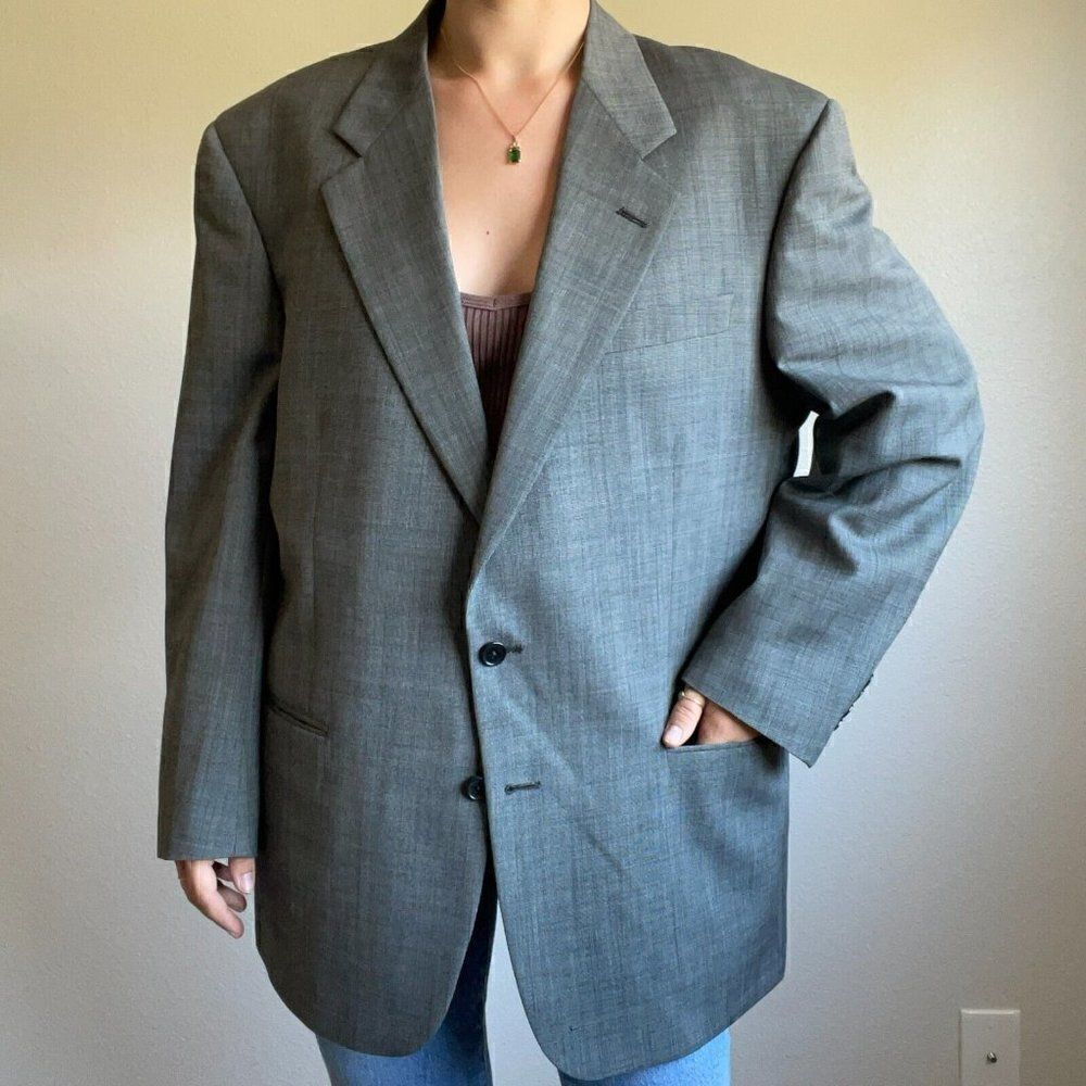 Vintage Mens Burberry Gray Single Breast 100% Wool Oversized Blazer Sz XXL - Picture 6 of 9